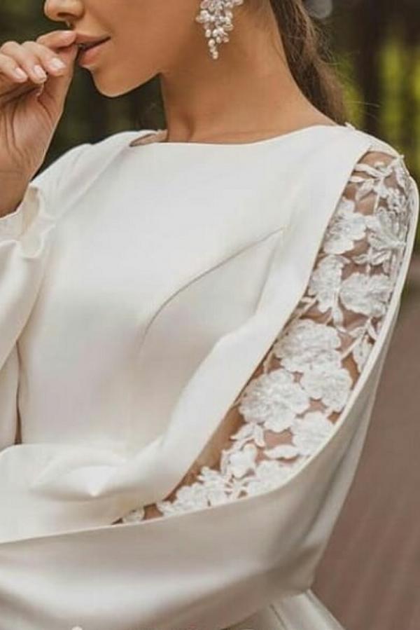 Deluxe Floor-Length Jewel Neck Long Sleeves A-Line Satin Wedding Dresses