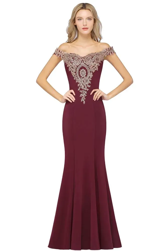 Simple Off-the-shoulder Burgundy Formal Dress with Lace Appliques