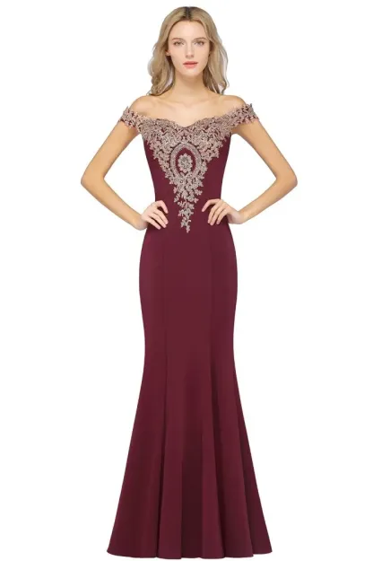 Simple Off-the-shoulder Burgundy Formal Dress with Lace Appliques