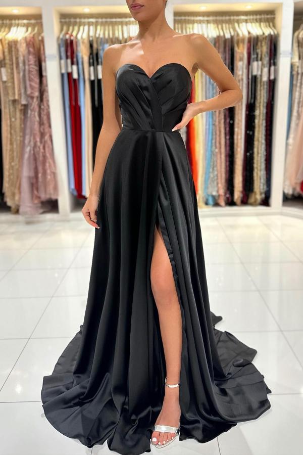 Black sweetheart high split simple evening dress