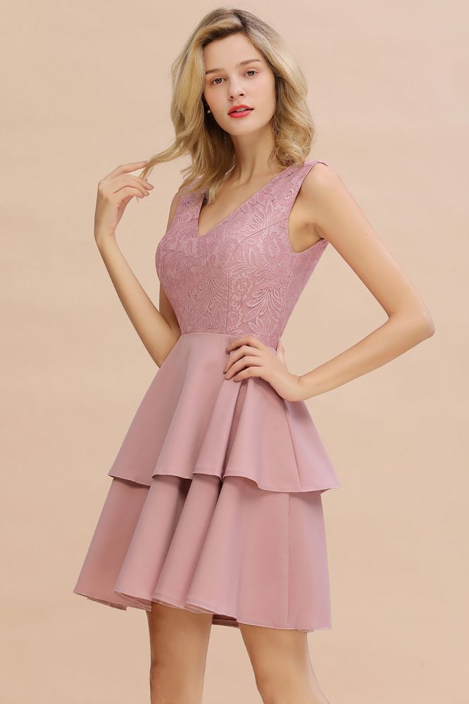 Sexy V-neck V-back Knee Length Homecoming Dresses with Ruffle Skirt | Burgundy, Navy, Pink Dress for Homecoming-Babyonlinewholesale