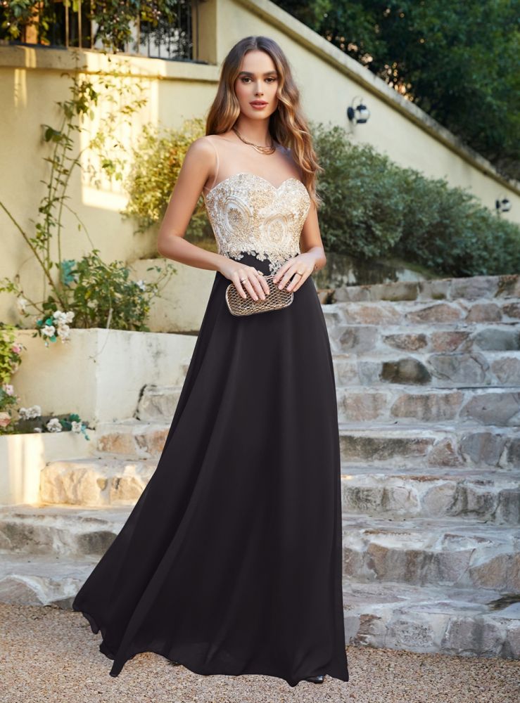 Sleeveless Lace Appliques Long Prom Dresses Chiffon Evening Party Gown