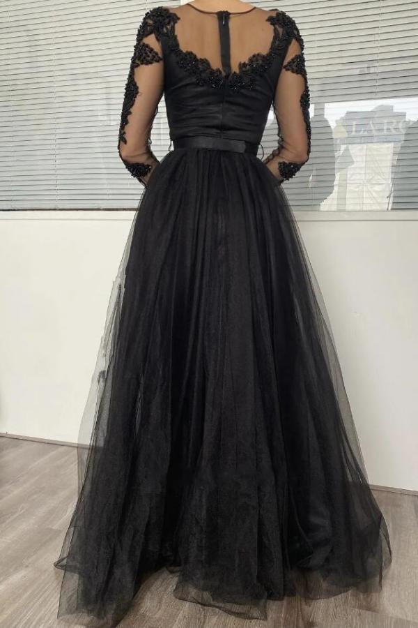 Black 3D Lace Appliques Tulle Long Evening Dress Long Sleeve Aline Formal Dress