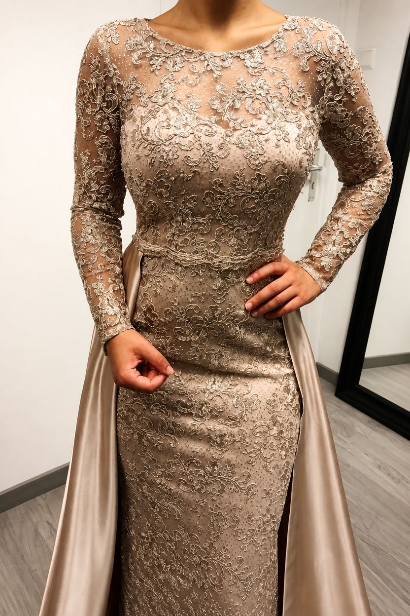 Beadings mermaid Evening Dress Long Sleeves with Satin Detachable Train