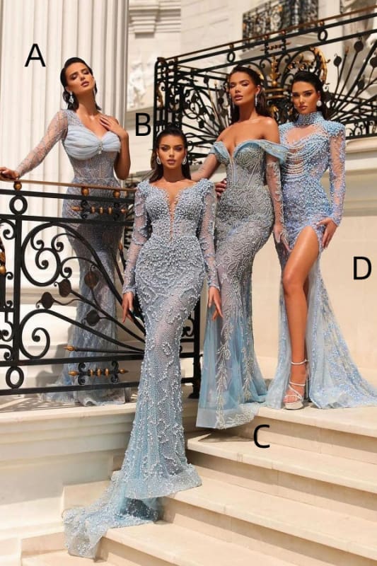Off-the-Shoulder Blue Prom Dress Sequins High Split Beadings Mermaid Evening dress with Appliques