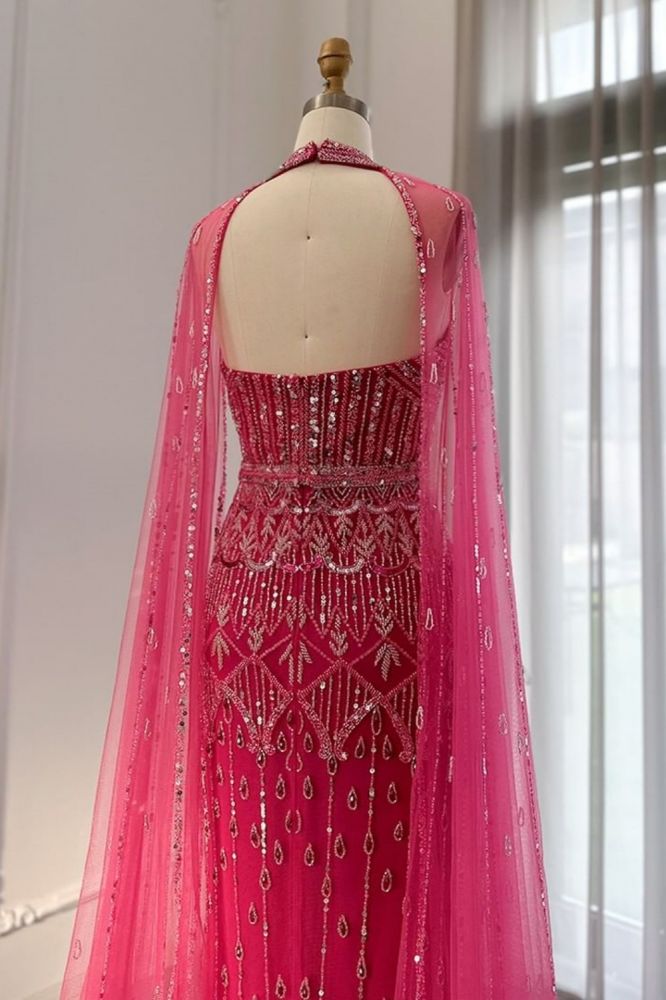 Gorgeous Halter Shiny Beading Sequins Mermaid Evening Dresses with Tulle Shawl Dubai Wedding Party Dress-Babyonlinewholesale