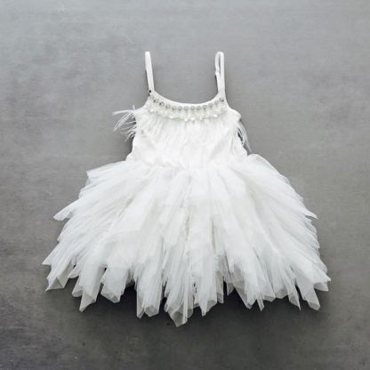 Lovely Spaghetti Straps White Short Flower Girl Dresses | Boho Tea Length Gowns with Feather for Spring Garden Wedding-Babyonlinewholesale