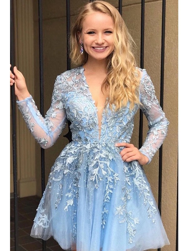 Sky Blue A-Line Floral Lace Applique Long Sleeves Prom Dresses V-neck
