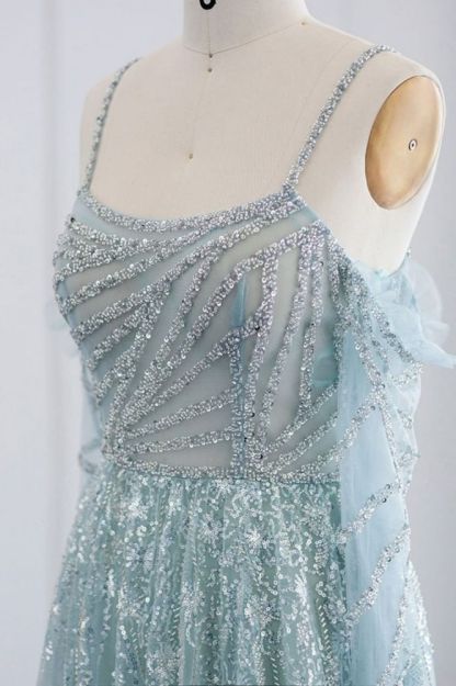 Stunning Spaghetti Straps Fur Beadings Floor-Length Evening Party Dress with Sequins