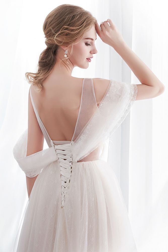 NANCY | A-line Sleeveless Floor Length Lace Ivory Wedding Dresses