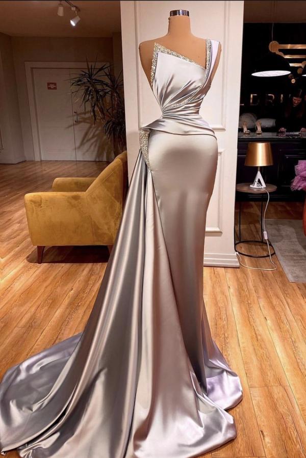 Unique neckline silver silk like satin prom dress with half train