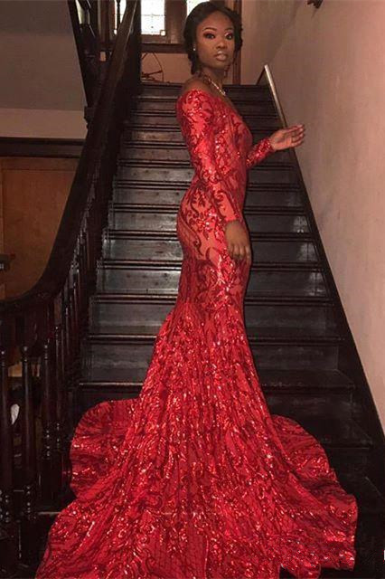 Sparkly Mermaid Off The Shoulder Long Sleeves Prom Dresses | Sequins Party Gowns