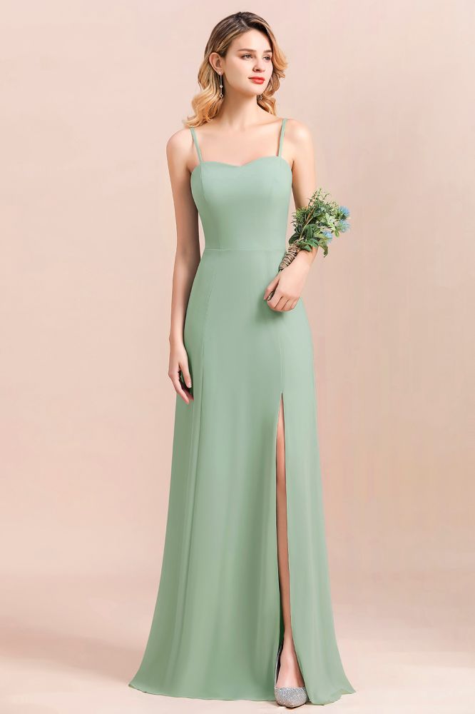 Romantic Sweetheart Sage Garden Bridesmaid DressSpaghetti Straps Long Special Occasion Dress with Side Slit-Babyonlinewholesale