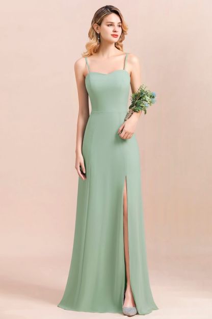 Romantic Sweetheart Sage Garden Bridesmaid DressSpaghetti Straps Long Special Occasion Dress with Side Slit-Babyonlinewholesale