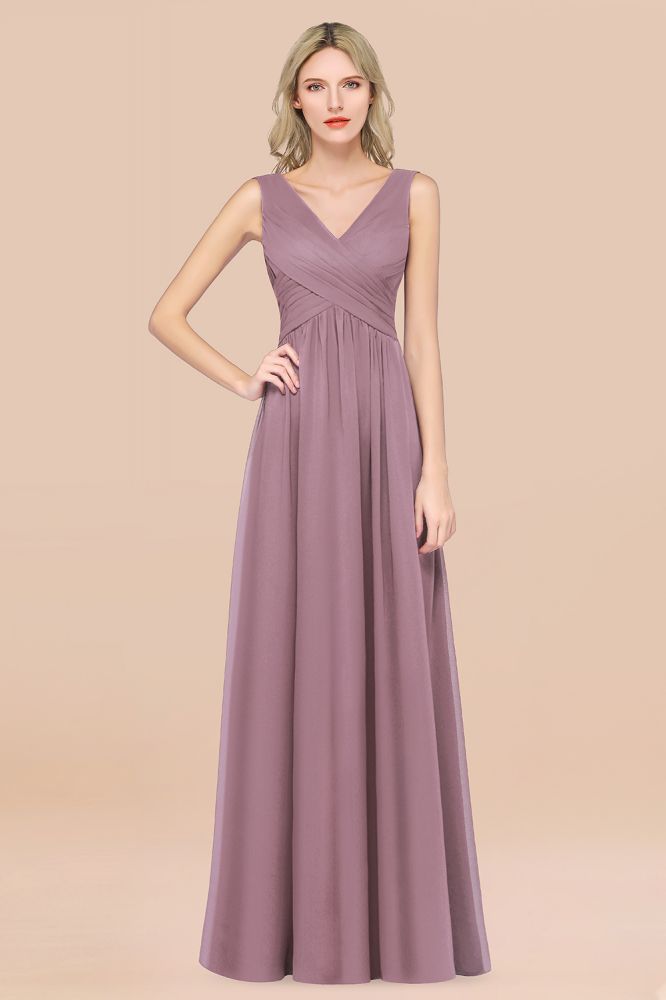 Chiffon A-Line Straps V-Neck Sleeveless Long Bridesmaid Dress with Ruffles