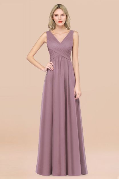 Chiffon A-Line Straps V-Neck Sleeveless Long Bridesmaid Dress with Ruffles