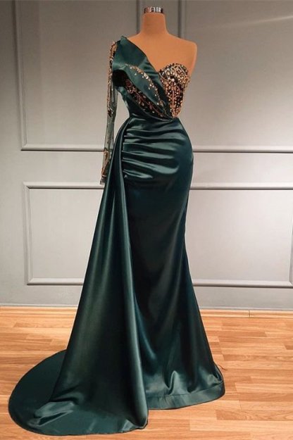 One shoulder Dark Green Satin One shoulder Prom Dresses