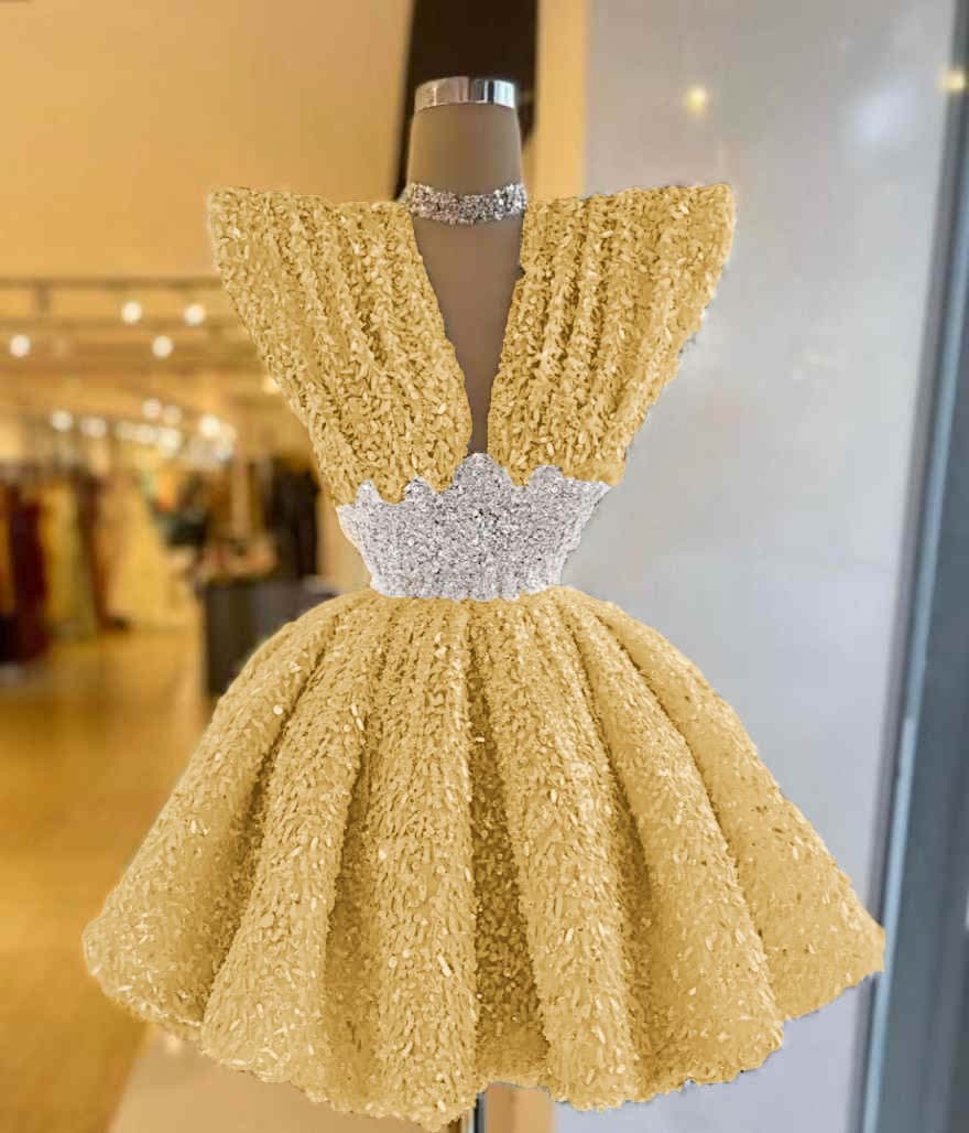 V Neck Sleeveless A Line Short Prom Dress With Pleated Sequins