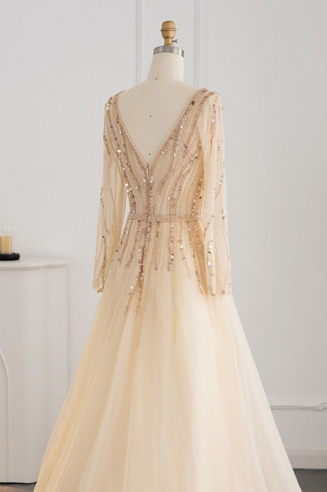 Elegant Sequins Beading A-line Eveing Party Dress V-neck Long Sleeves Tulle Party Gown