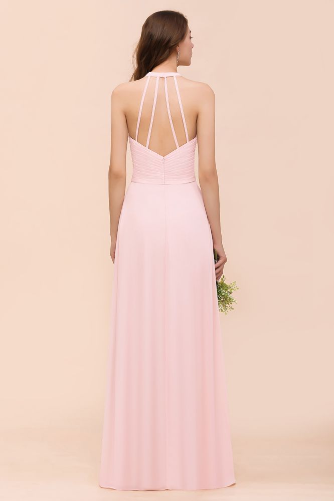 Pink V-Neck Simple Bridesmaid Dress Aline Chiffon Wedding Guest Dress