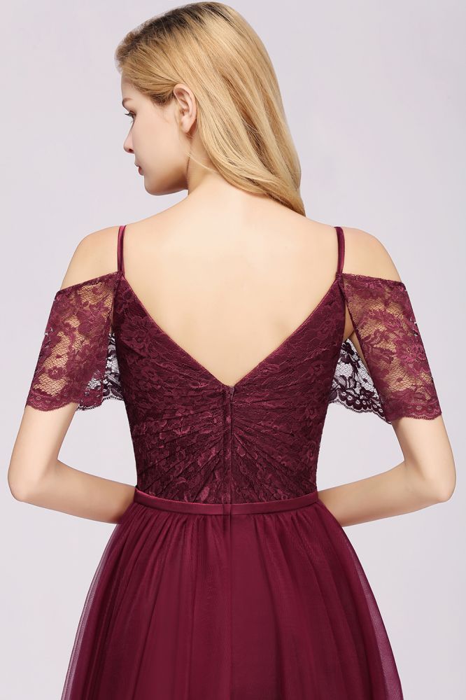 Elegant A-Line Lace Sweetheart Spaghetti Straps Short-Sleeves Floor-Length Bridesmaid Dresses with Ruffles-Babyonlinewholesale