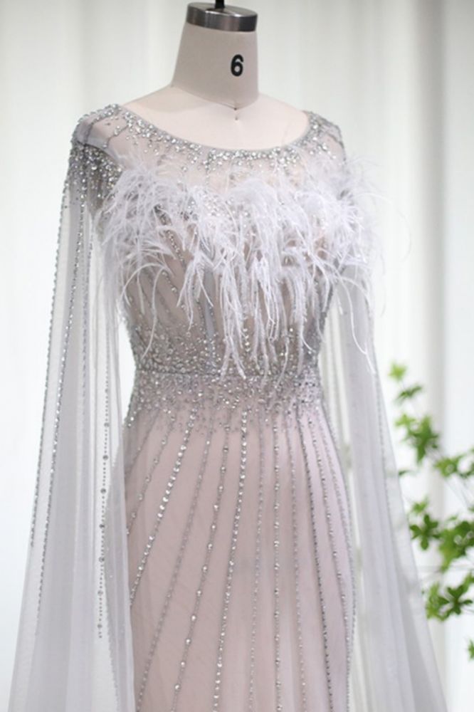 Gorgeous Scoop Neck Sequins Mermaid Evening Dress Dubai Cape Sleeves Fur Long Formal Dress