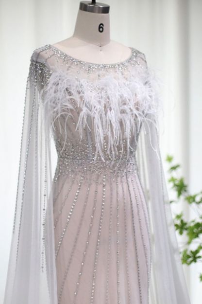 Gorgeous Scoop Neck Sequins Mermaid Evening Dress Dubai Cape Sleeves Fur Long Formal Dress