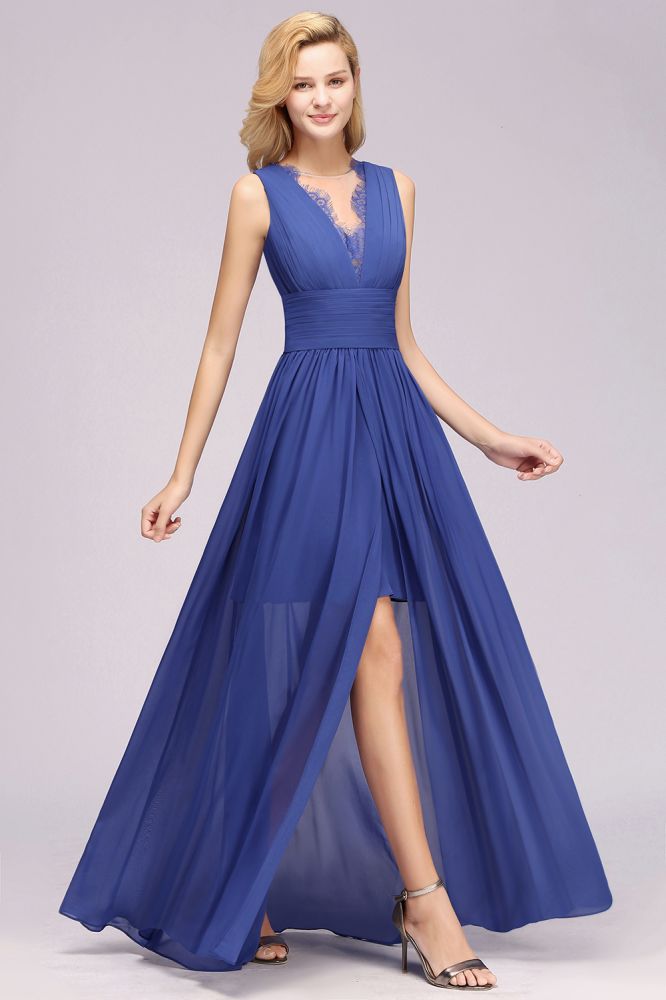 Chiffon Lace Jewel Sleeveless Long Train Ruffles Short Bridesmaid Dress
