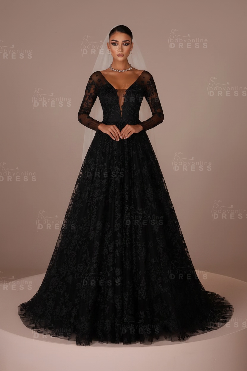  V-neck Tulle Appliques Lace A-Line Wedding Dresses Long Sleeves
