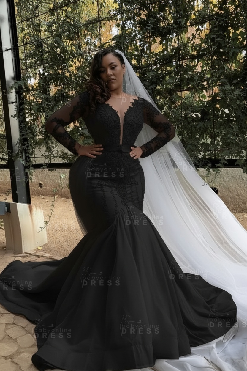 White Long sleeves Plus size Mermaid Belt Wedding Dresses