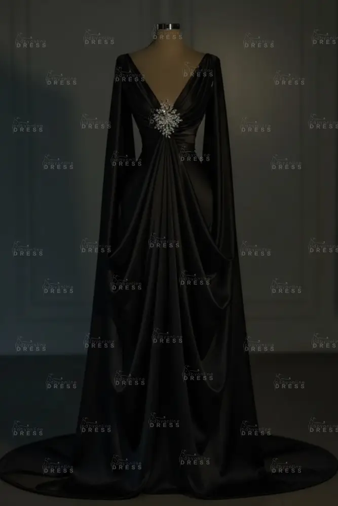 Long sleeves V-neck Satin Ruffles Mermaid Prom Dresses Floor-Length