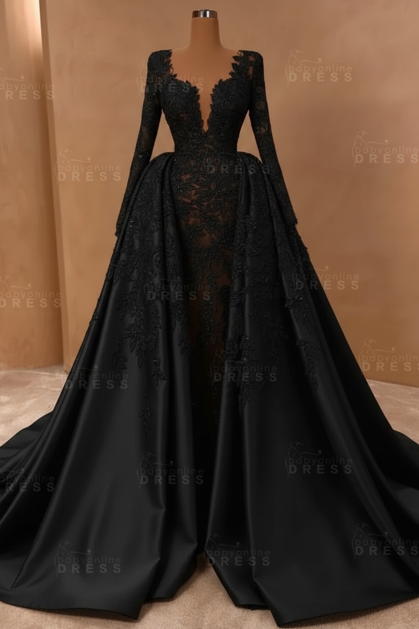 Gorgeous V-neck Trumpet Bridal Gown with Detachable Sweep Train Long Sleeves Floral Wedding Dress