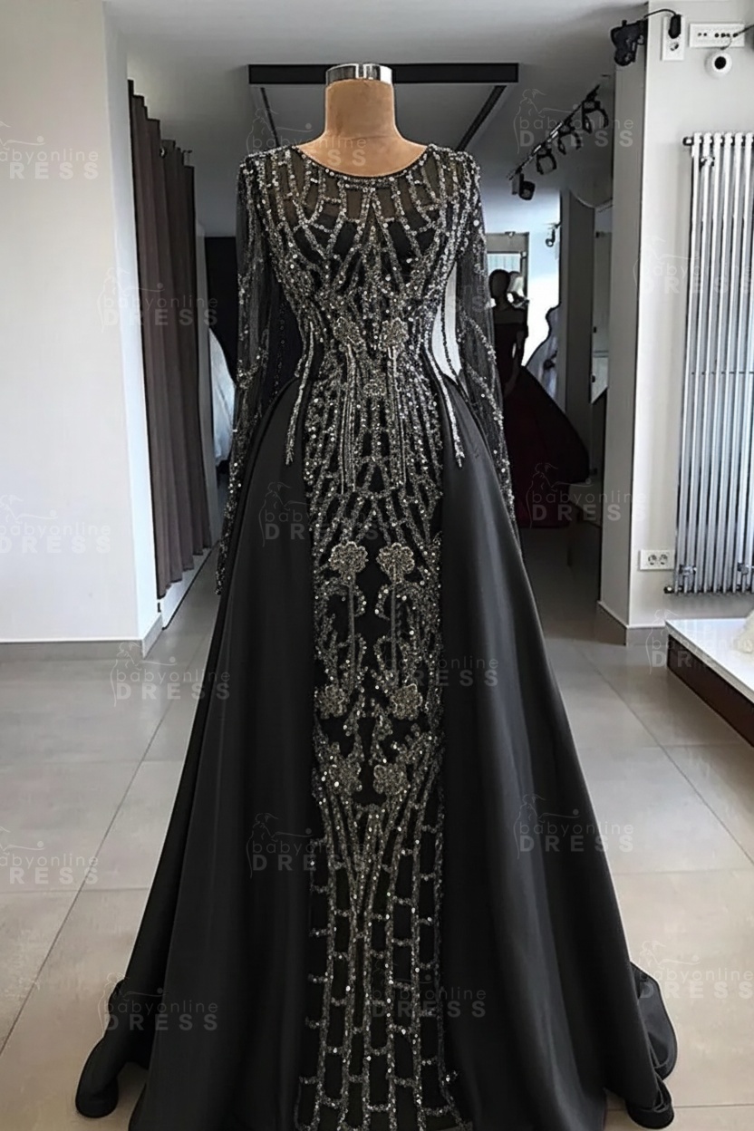 Shining Beaded Long Sleeves Round Neck Prom Dresses With Over Skirt | A Line Evening Gowns