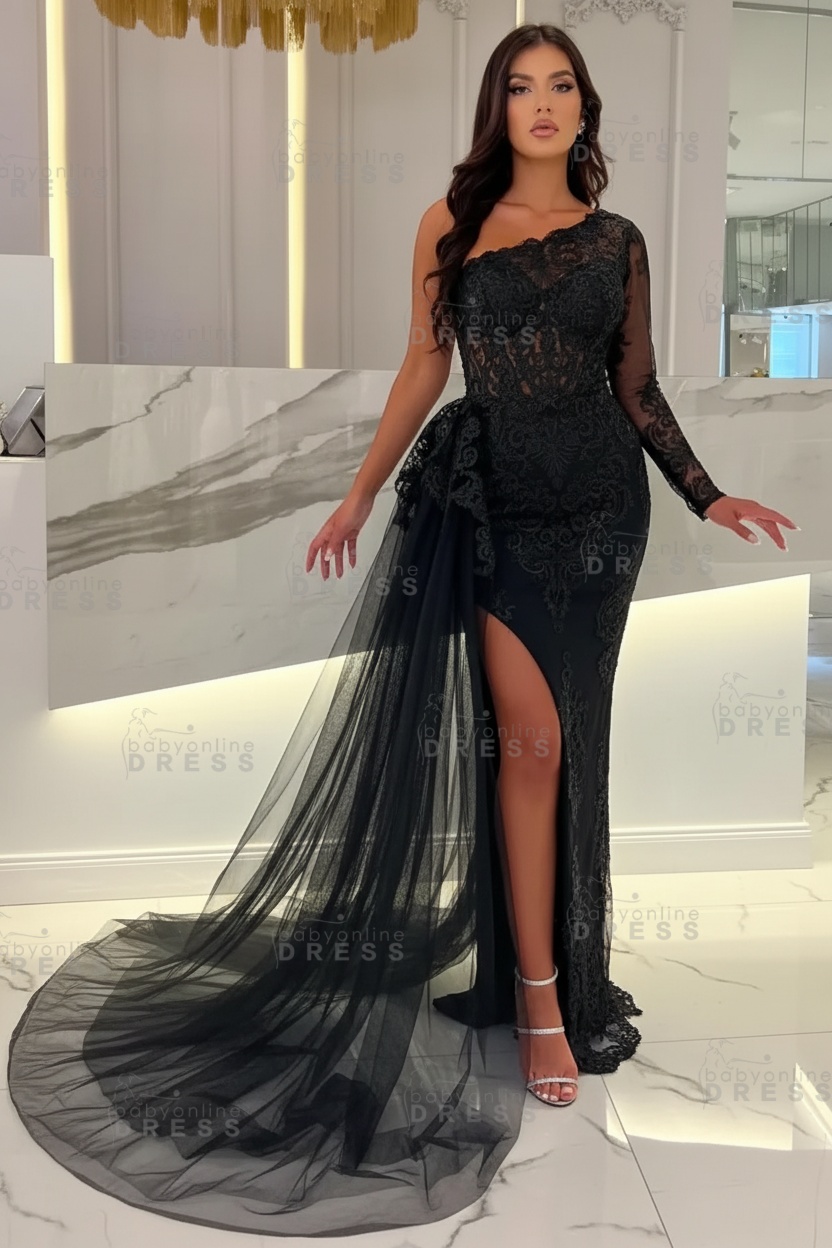 Sexy Sky blue One-shoulder Mermaid Prom Dress Tulle with High split
