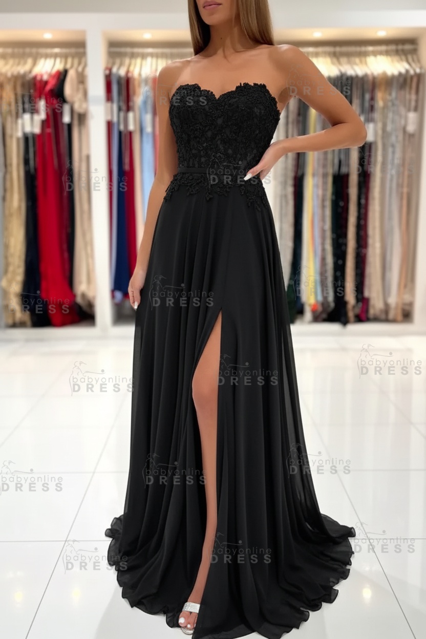 Sweetheart Strapless A-Line Chiffon Floor Length High Split Prom Dress