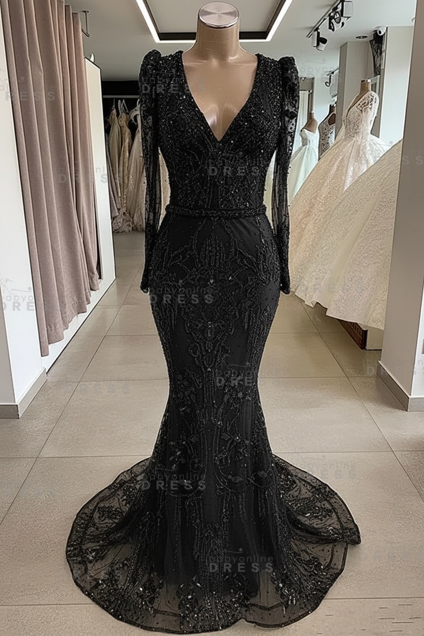 Gorgeous Mermaid Lace Beading V Neck Long Sleeves Prom Dresses | Evening Gowns With Beading Waistband