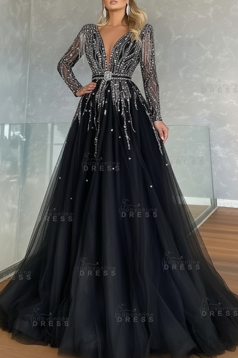 Long Sleeves V-neck Ball Gown A-line Prom Dress with Beadings