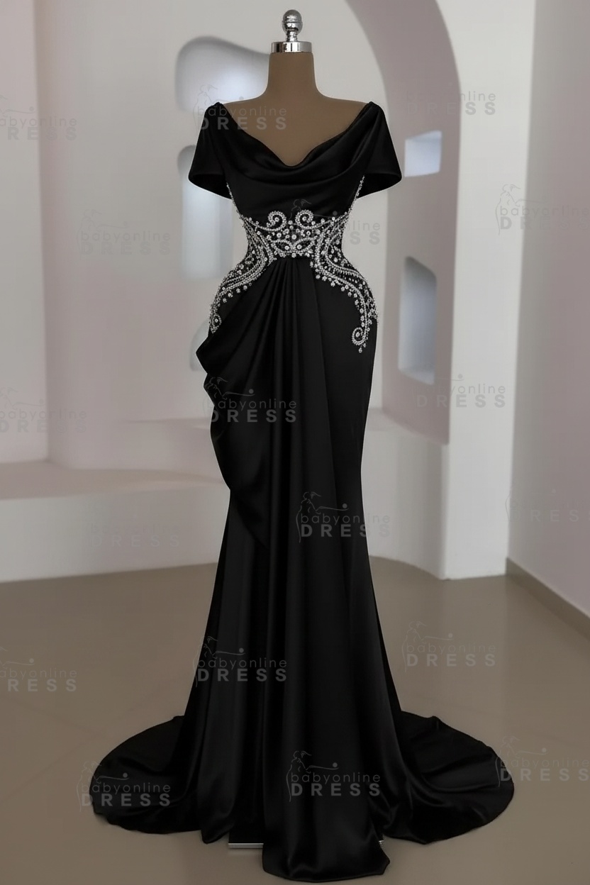 Short sleeves Mermaid Round neck Gray Prom Dresses