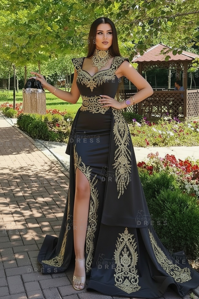 Dark Green Velvet Mermaid Evening Dress with Gold Lace appliques