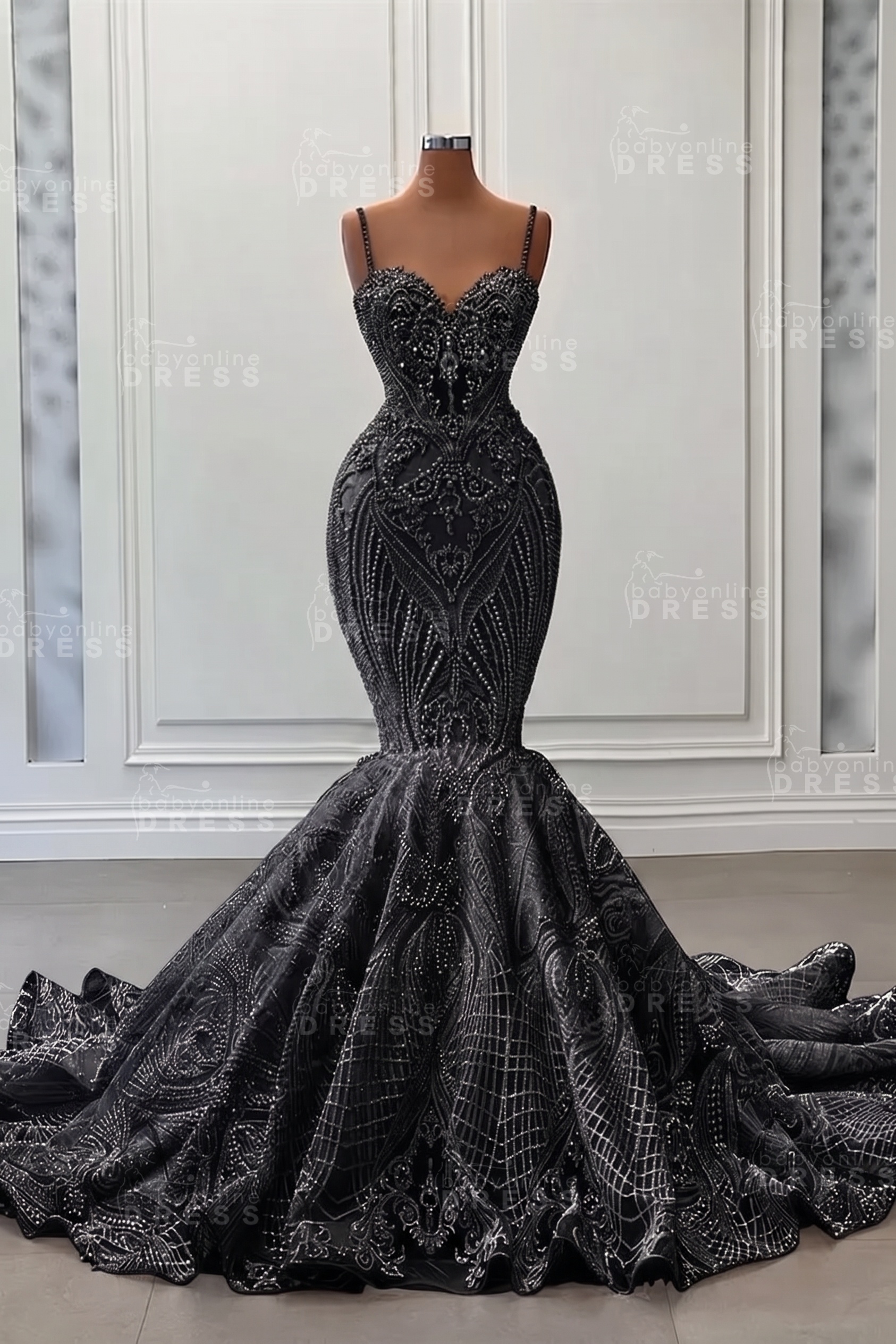 Charming Spaghetti Straps Lace Beaded Long Mermaid Wedding Dress