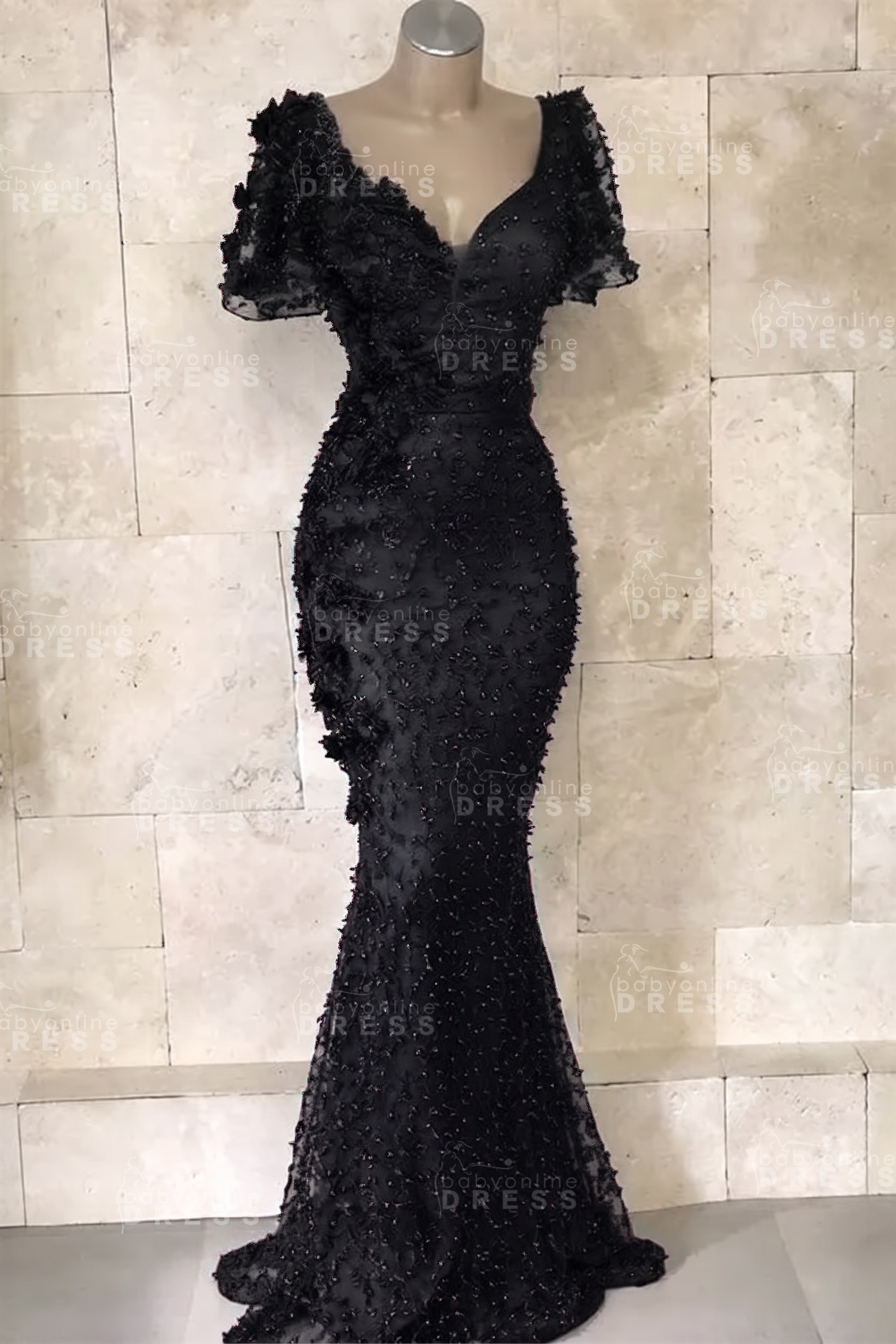 Glamorous V-Neck Short Sleeves Beading Flower Mermaid Floor-Length Prom Dresses