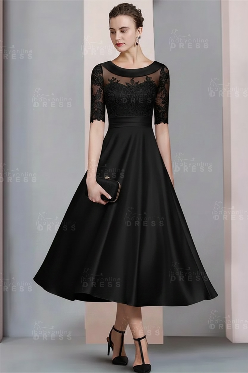Elegant Ivory Jewel Lace Beading A-Line Tea Length Satin Wedding Guest Dress Formal Mother Dress