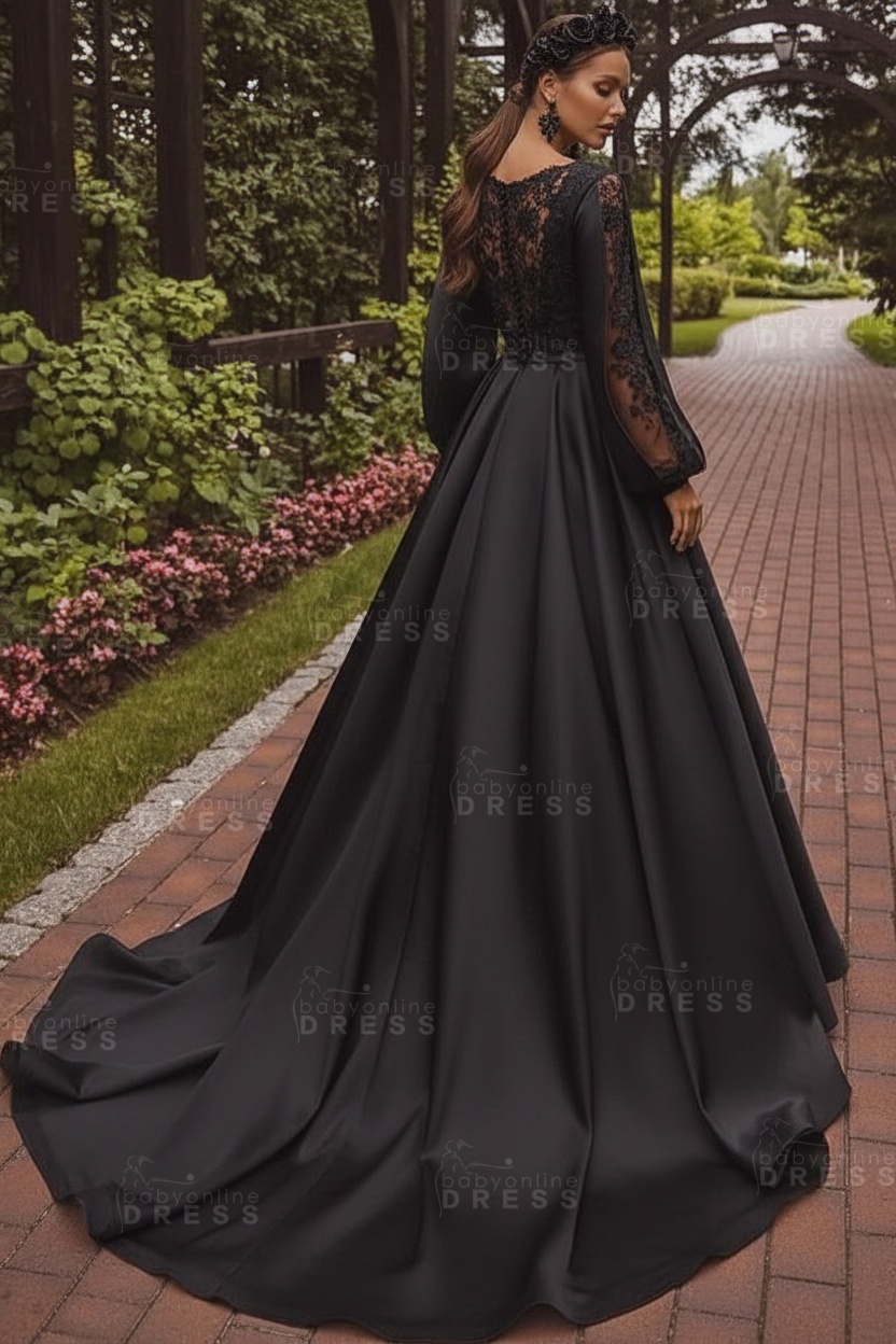 Deluxe Floor-Length Jewel Neck Long Sleeves A-Line Satin Wedding Dresses