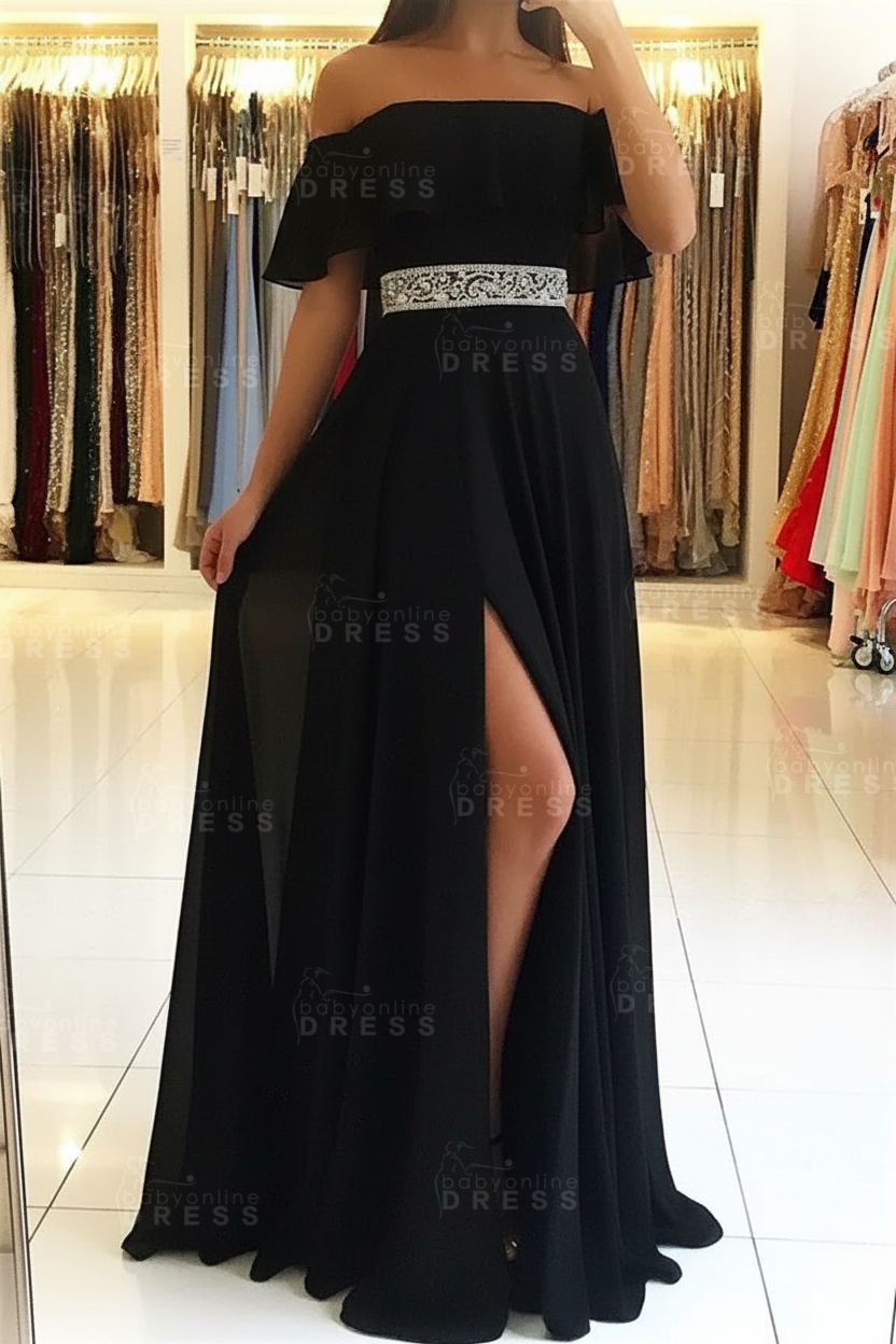 Sky Blue Off The Shoulder Evening Dresses Sexy | Chiffon Side Slit Prom Dress with Crystals Belt