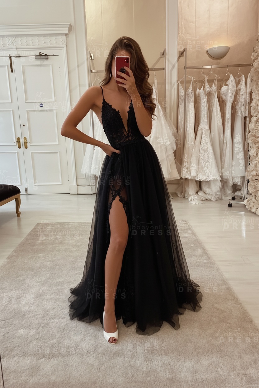 Sexy Spaghetti Straps Lace A-Line Beach Wedding Dress with High Split