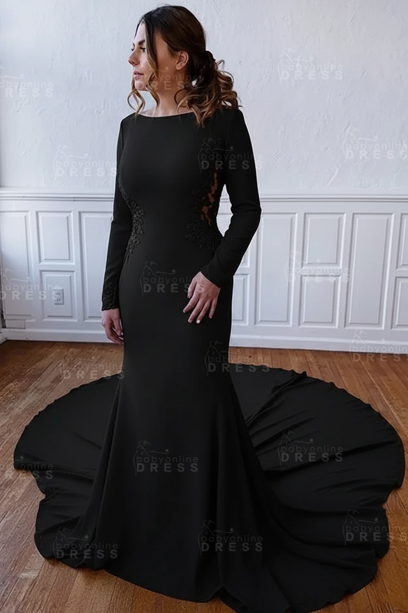 Elegant White Long Sleeves Satin Floor Length Wedding Dress with Lace Appliques