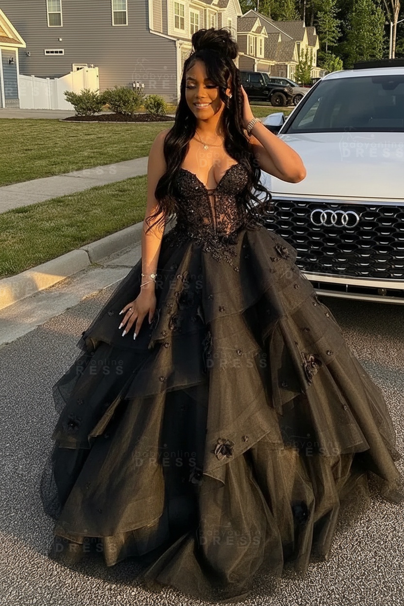Sleeveless V-Neck Tulle Aline Prom Dress Floral Tiered Ruffles Corset Evening Dress