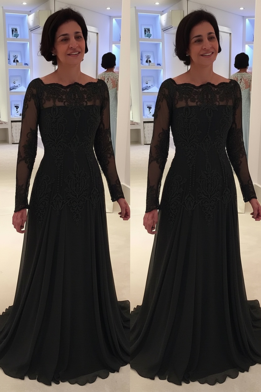 Elegant Floor-Length Lace Long-Sleeves A-line Mother of the Bride Dress 