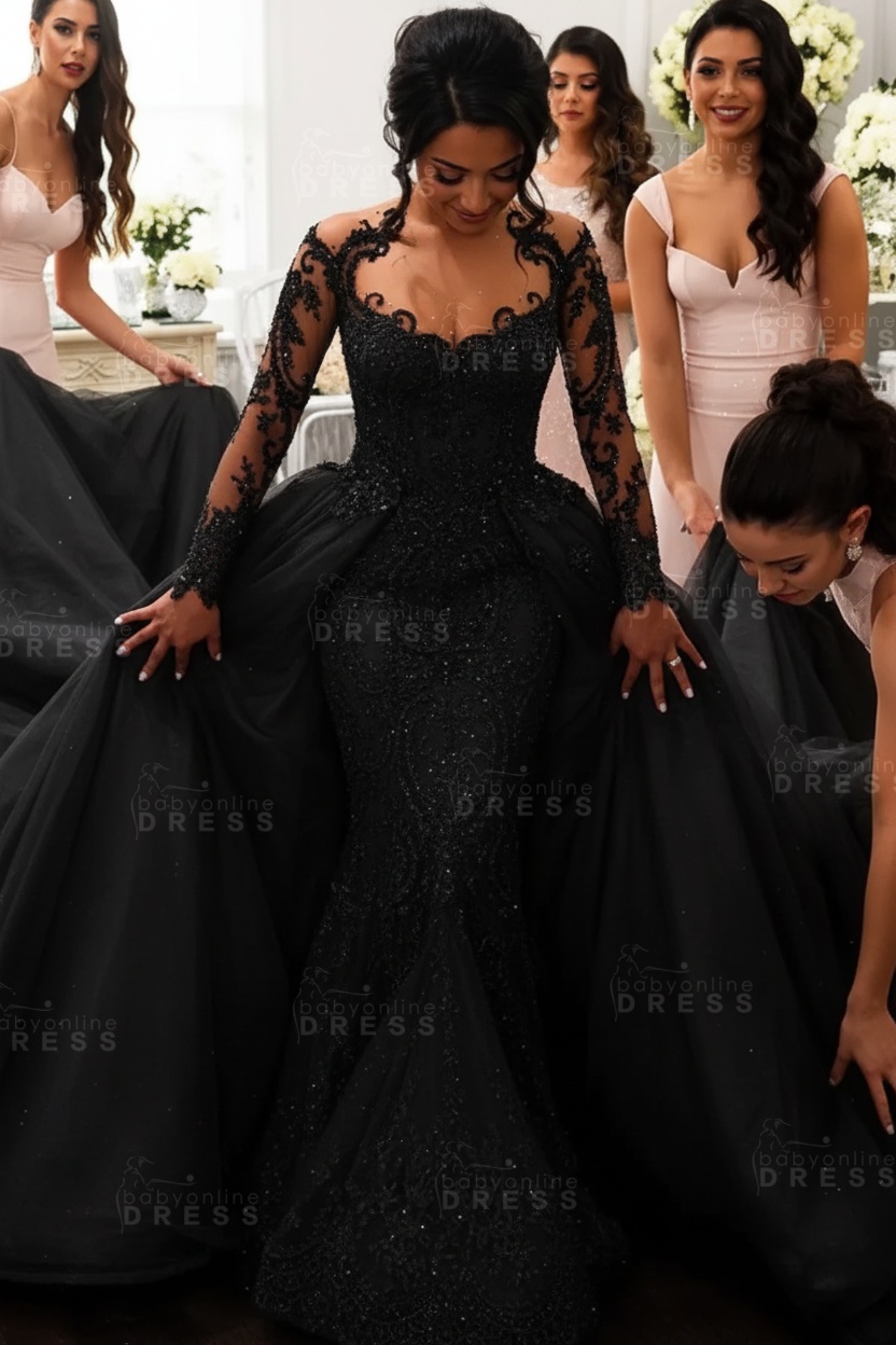 Gorgeous Long Sleeves Sheath Wedding Dresses | Lace Appliques Bridal Gowns with Detachable Train