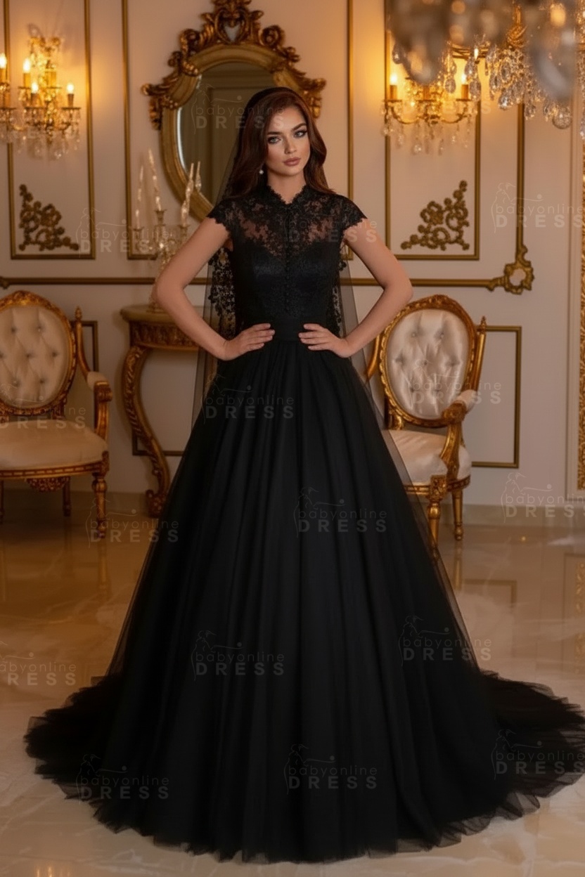 Cap Sleeves High Neck Tulle Long Lace A-line Wedding Dress 